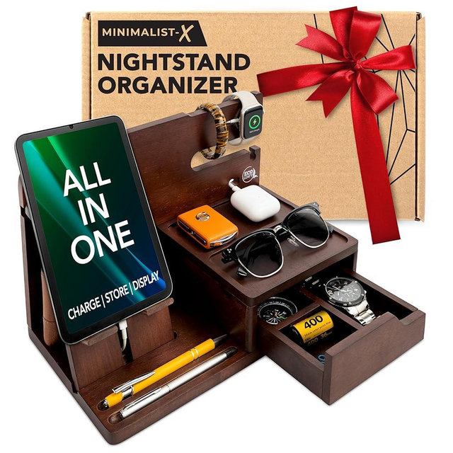 EcoLeafy Dot Nightstand Organizer- Bedside Docking Station for Men- Unique Gifts for Husband, Father or Dad from Wife, Son or Daughter- Desk Organizer for Phone, Watches, Wallet & Accessories (Brown)