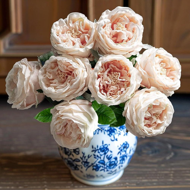 YILIUFA 4 Pcs Real Touch Peonies Artificial Flowers, 3.5'' Big Bloom Austin Rose Peony Latex Fake Flower with Stems for Wedding Bouquet Party Valentines Arrangement Home Kitchen (Champagne)