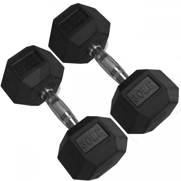 Pair of 30 lb Black Rubber Coated Hex Dumbbells