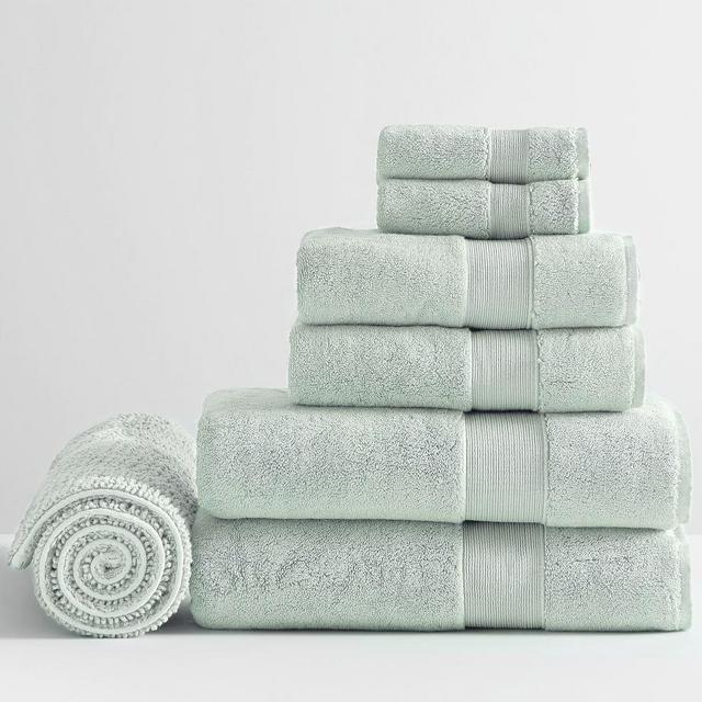 Porcelain Blue Classic Organic Washcloth Hand and Bath Towel With Bath Mat, Set of 7