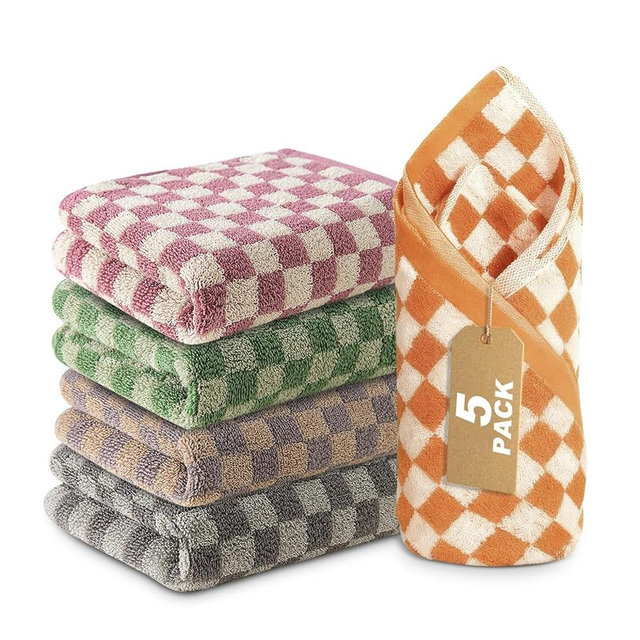 oxiraqan 5-Pack Checkered Towels Cotton(13 x 29 Inches)-Quick-Dry, Lightweight & Highly Absorbent, Ideal for Bathroom/Sports/Yoga/Kitchen,Send Goods from Local Warehouse