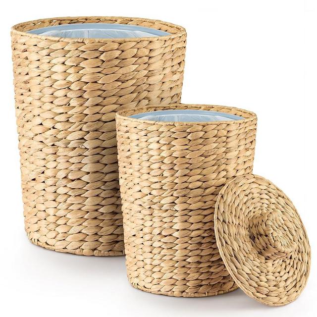 Tidita Set of 2 Wicker Trash Can with Lid - Water Hyacinth Wicker Waste Basket for Bathroom - Bathroom Garbage Can with a Lid - 2 Gallon & 4 Gallon Decorative Rattan Trash Can with Removable Liner