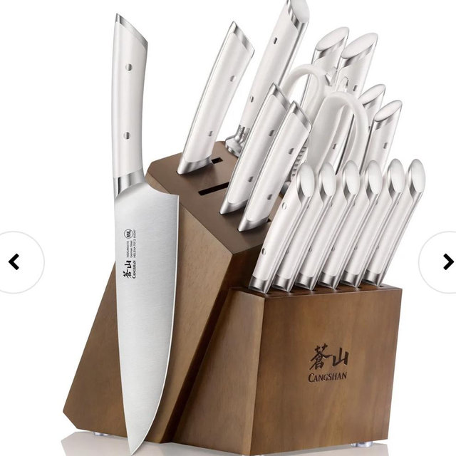 HELENA Series 17-Piece Knife Block Set, Forged German Steel, Acacia Block white