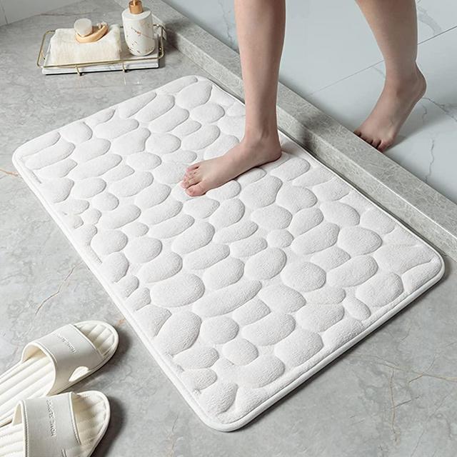Yonchic Memory Foam Bath Mat, Cobblestone Coral Fleece Bath Rug, Rapid Water Absorbent, Non Slip, Washable, Thick, Soft and Comfortable Carpet for Shower Room (20x32 inch, White)