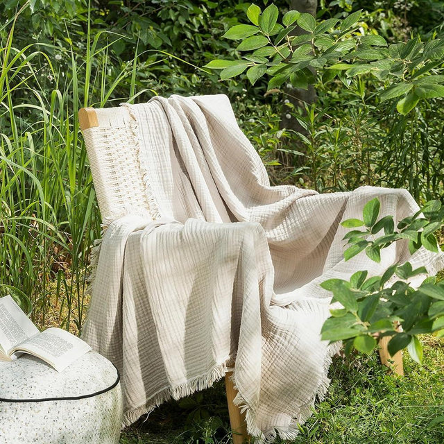 MooMee Muslin Blanket - 100% Cotton 4-Layer Gauze Throw Blanket with All-Around Fringe, Ultra-Soft Breathable Lightweight Cooling Decorative for Bed, Sofa & Couch (Cream Grey,Throw XL 50" x 70")