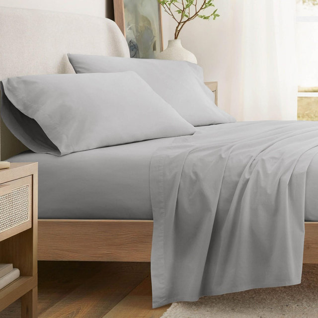 100% Percale Cotton 4PC Sheet Set, Brushed & Pre-Washed Bedding for Softness & Comfort - Becky Cameron, Light Gray, Queen