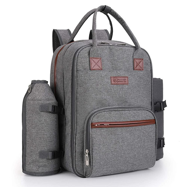 ALLCAMP Picnic Backpack for 4 Person Set Pack with Insulated Waterproof Pouch for Family Outdoor Camping (Grey)