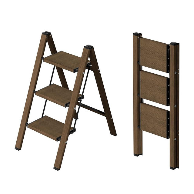 Taranta 3 Step Ladder,Aluminum Lightweight Folding 3 Step Stool with Anti-Slip Wide Pedal,330lbs Capacity Step Ladder for Household,Kitchen,Office - Walnut