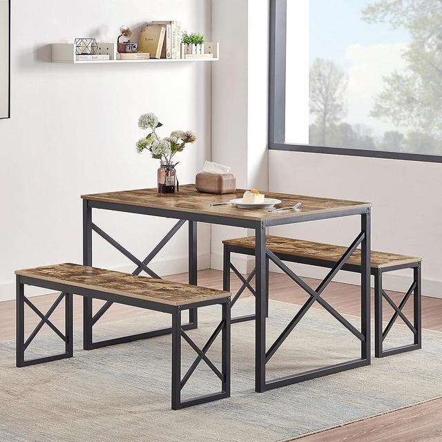 VECELO Kitchen Table with 2 Benches for 4, Wood Dining Room Dinette Sets with Metal Frame for Breakfast Nook and Small Space, 43.3", Brown