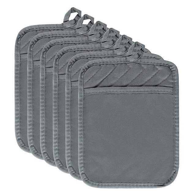 6Pcs Pot Holder with Pocket Grey Cotton Pocket Pot Holder Set for Kitchen Heat Resistant Potholder Terry Cloth Coaster Kitchen Hot Pad Oven Mitts Bulk Hot Pads Trivet for Baking Cooking 7''x9''