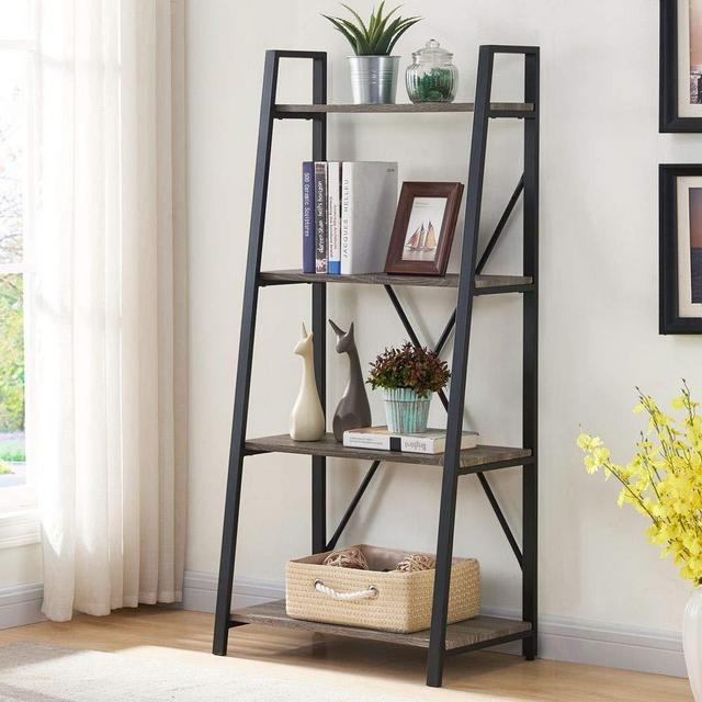 BON AUGURE Ladder Shelf 4 Tier Rustic Bookshelf, Indoor Plant Stand Storage Shelves, Metal and Wood Leaning Industrial Bookcase (Dark Gray Oak)