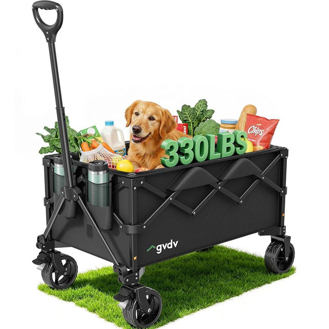 GVDV CW35 Wagons Carts Foldable, 42-Inch Extended Handle Collapsible Utility Wagon with Wheels, Shopping Cart, 330LBS Heavy-Duty Cart for Groceries, Camping, Beach, Garden, Sports