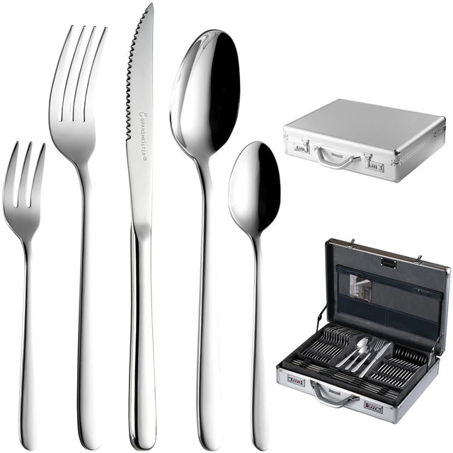 GRANDMEISTER 75-Piece 18/10 Stainless Steel Silverware Set with Gift Carrying Case, 3.0MM Thick, Elegant Design, Serves Parties 12 people, Mirror Polished, Dishwasher Safe Cutlery Set