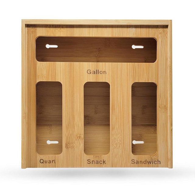 Bamboo Ziplock Storage Organizer for Kitchen Drawer with Sliding Lid – 4 Slot Holder for Gallon, Quart, Snack & Sandwich Bags