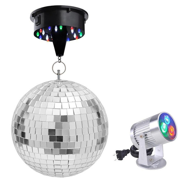 Yescom 12" Mirror Disco Ball w/Rotating Motor & 3W 3 LEDs Multi-Color Pinspot Spot Light Kit Home Party Disco