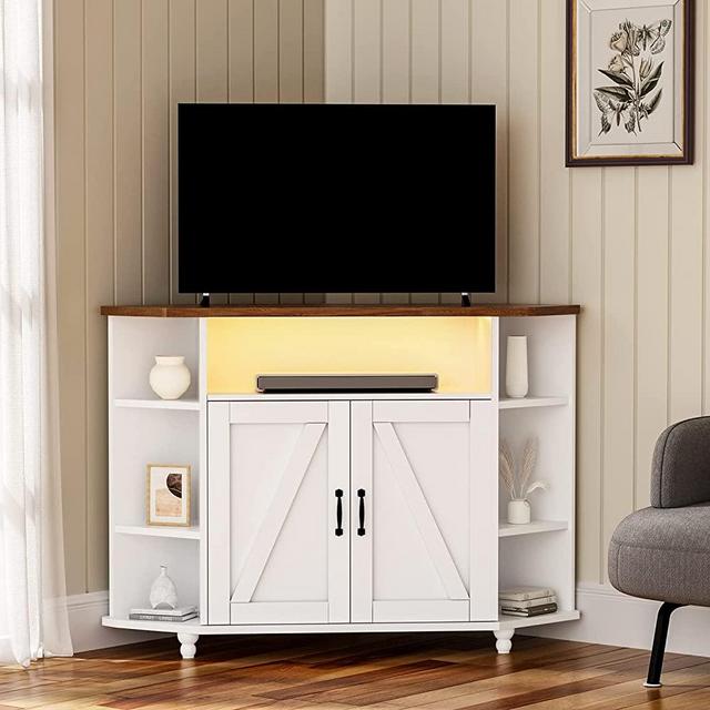 Corner TV Stand for TVs Up to 55 Inch, 45” Modern Farmhouse TV Stand for 55+ Inch TV Corner Entertainment Center with Barn Doors, Corner TV Cabinet with Adjustable Shelves for Living Room, White