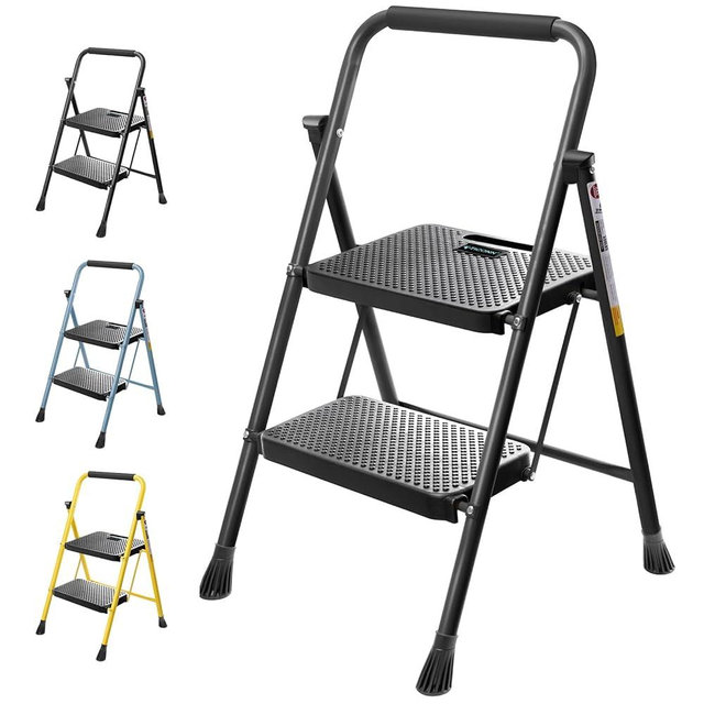 TICONN 2 Step Ladder, Heavy Duty Foldable Step Stool, Portable Steel Folding Stool for Household Garage Storage (Black)