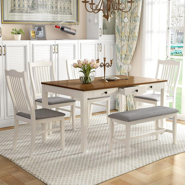 SIYSNKSI Mid-Century 6-Piece Dining Table Set with 4 Upholstered Dining Chairs and Bench, Wood Rectangular Dining Table with Drawer for Kitchen Living Room, Dining Table Set for 6 (Butter Milk+Grey)