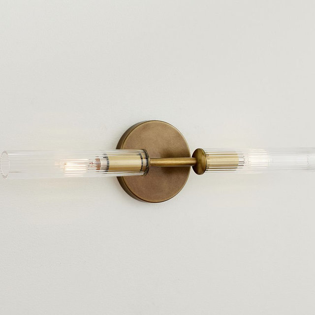 Cooper Ribbed Glass Double Tube 20" Sconce, Tumbled Brass