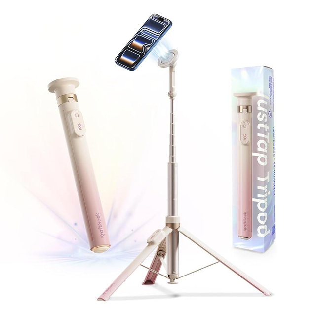 KraftGeek Magnetic Phone Tripod for iPhone MagSafe – 66'' Auto-Open Selfie Stick with Remote, Cell Phone Tripod Stand for Video Recording, Vlogging & TikTok (Ombré Peach)