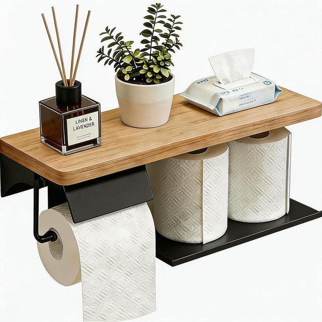guowanpp Toilet Paper Holder with Shelf - Wall Mount Modern Wood Toilet Paper Holder for Bathroom Decor, 304 Stainless Steel Toilet Paper Roll Holder with Phone Shelf&Storage Rack, Black Paper Holder