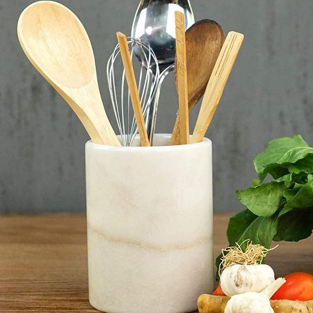 Utensil Holder Spoon Caddy Countertop White Handmade Marble kitchen Utensils set organizer - 5.5x6.5 Inch flatware chopstick Canister Utinsle Holders – Non Bamboo - Home Accessories (WZ-03)