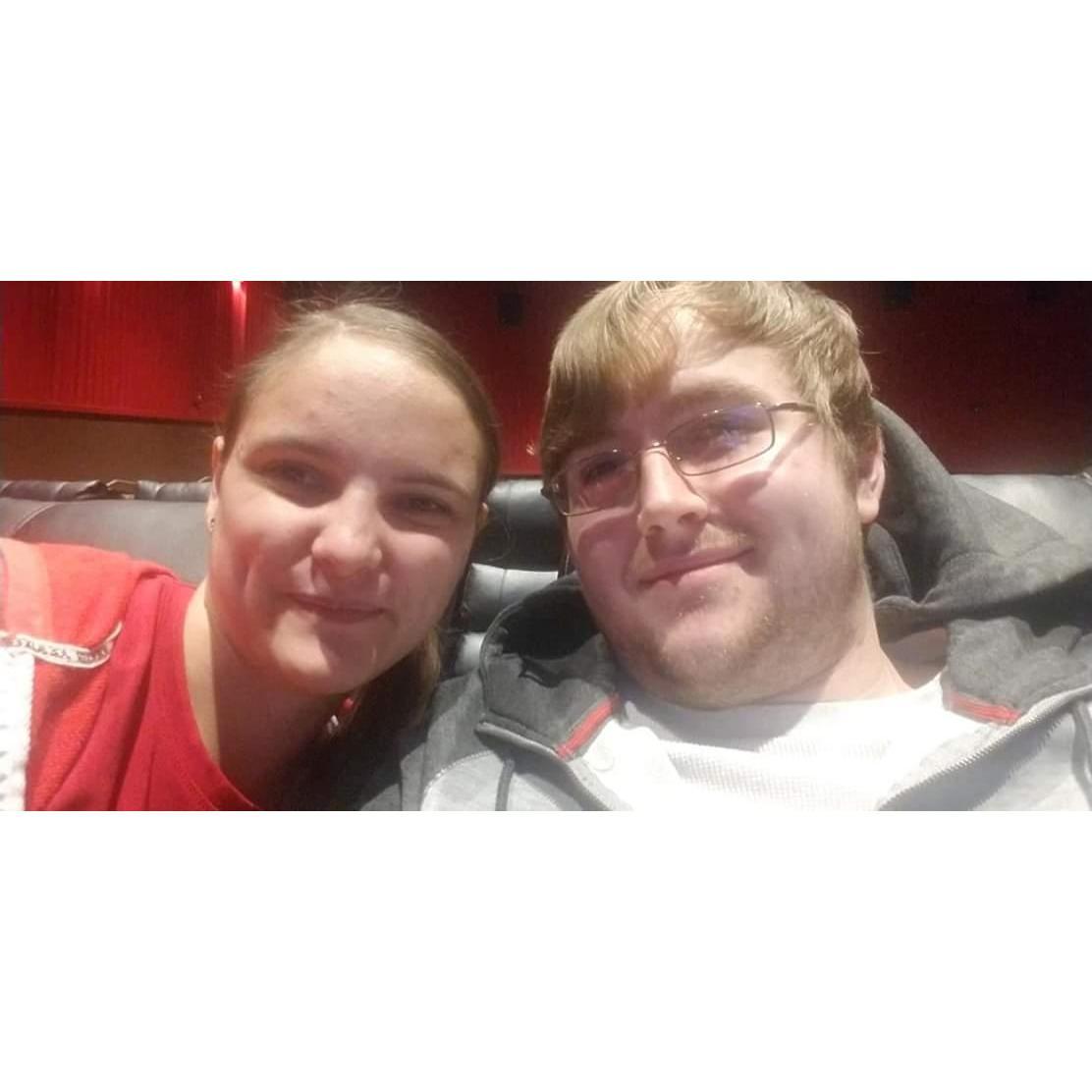 Our 3 year dating anniversary as an engaged couple in the theater right before the lights go out to watch Mortal Engines👫
