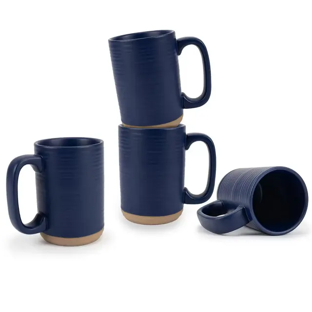 Elanze Designs Tall Ribbed Raw Clay Bottom Navy Blue 16 ounce Ceramic Coffee Mugs Set of 4