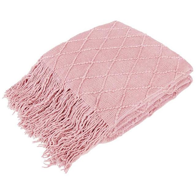 PAVILIA Knitted Throw Blanket Fringe Blush Light Pink | Decorative Tassel Boho Farmhouse Decor Couch Bed Sofa Spring Outdoor | Aesthetic Modern Textured Afghan Soft Lightweight Cozy Warm Acrylic 50x60