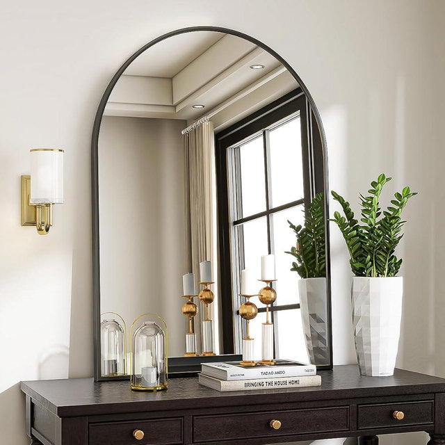 VooBang Arched Wall Mirror, 30 x 38 inch Arch Bathroom Mirror, Wall Mounted Vanity Mirror with Arch Metal Frame, Modern Bathroom Vanity Mirror for Bedroom, Living Room, Hanging or Leaning, Black