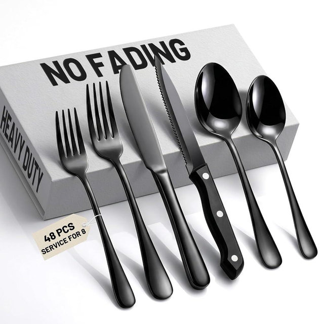 NO-FADING Black Silverware Set with Steak Knives - KIKCOIN 48 PCS Food-Grade Stainless Steel Flatware Set for 8 - Mirror Polished Cutlery Set, Titanium Black Finish, Rust Resistant & Dishwasher Safe