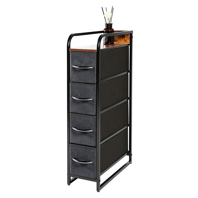 Kamiler 4-Drawer Narrow Dresser Storage Vertical, 4-Tier Organizer Tower Unit for Bedroom/Closets/Hallway/Entryway/Laundry Room, Sturdy Steel Frame, Wooden Top, Removable Fabric Bins (Rustic Brown)