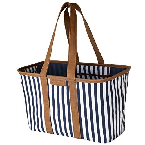 CleverMade 30L SnapBasket LUXE - Reusable Collapsible Durable Grocery Shopping Bag - Heavy Duty Large Structured Tote, Nautical, No Shoulder Strap
