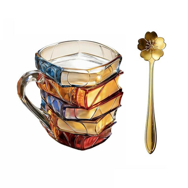 RZXSCDD chapter book mug,with a spoon colorful glass with overlay design 3D painted glass cup,book coffee mug,gift for book lovers,and other women