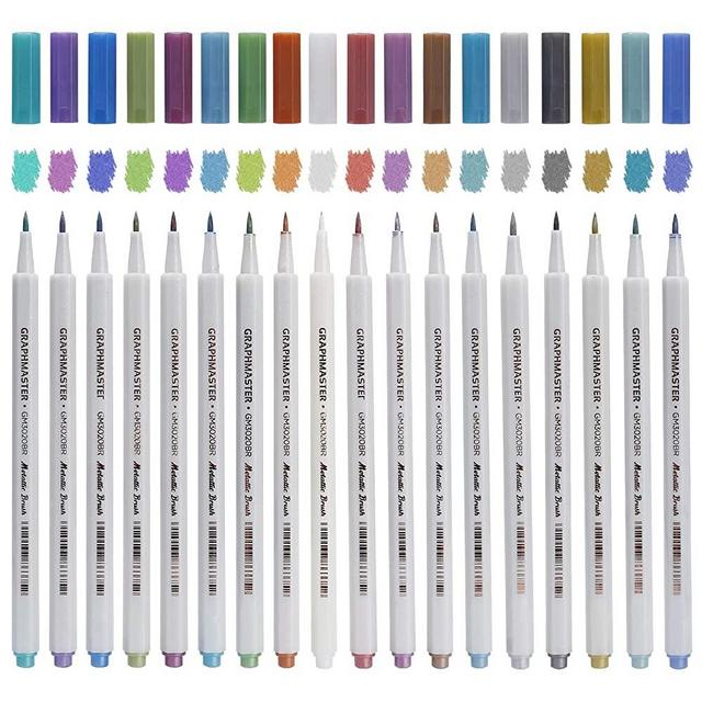 MyArTool Metallic Marker Pens, 18 Assorted Colors Metallic Calligraphy Brush Marker Pens for Black Paper, Scrapbooking, Photo Album, Rock Painting, Adult Coloring, Metal, Ceramics, Glass, Card Making