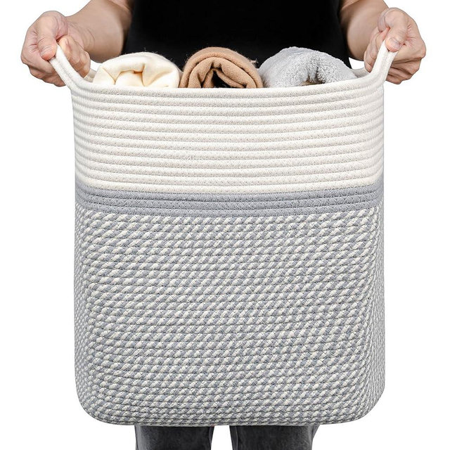 Medium and Large Woven Basket//With Handle, Used for Toys and Fabric Storage Basket used for Storing xl Storage Box, Decorative Storage Box Room (14L*15.7H TWhite/Gray, 14L*10W*15.7H)