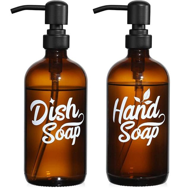 Dish and Hand Soap Dispenser Set - Glass Hand Soap + Dish Soap Dispenser for Kitchen, Bathroom - High Temperature Ceramic Ink Printing - 16 oz Bottles with 304 Stainless Steel Pumps - Amber