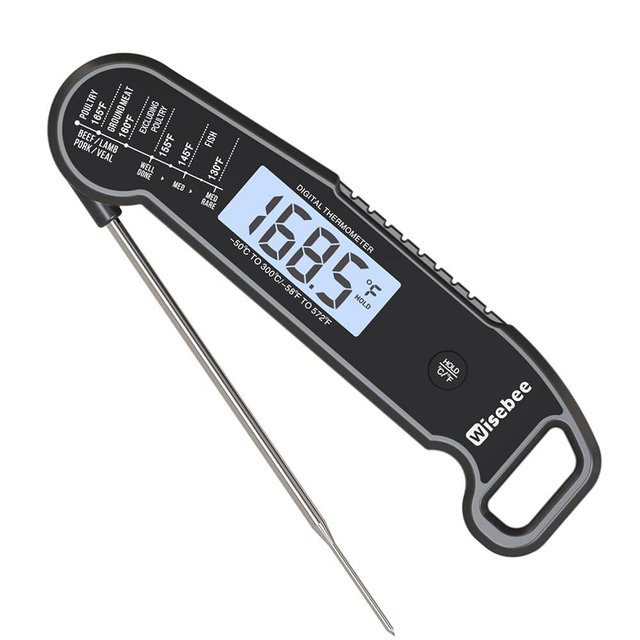 Wisebee Instant Read Meat Thermometer Digital, Waterproof Food Thermometer with 180°Auto-Rotate Backlit Display | Anti-Slip Handle | Magnetic Back | Hold Function for Cooking/Baking/Liquids, Black