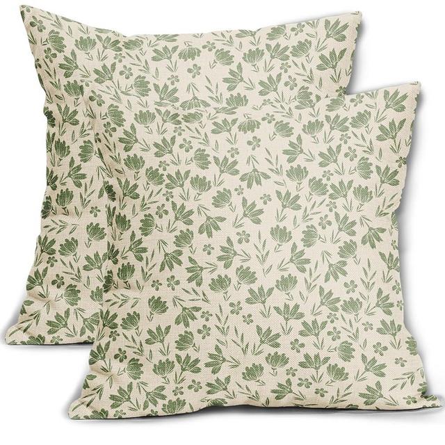 Sage Green Floral Pillow Covers 18x18 Set of 2 Spring Vintage Rustic Old Style Cute Flower Green Cream Print Decorative Outdoor Pillowcases Farmhouse Throw Cushion Case Decor for Couch Sofa Bed