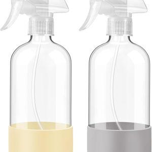 JohnBee Glass Spray Bottles with Silicone Sleeve, 2 Pack16 oz Empty Refillable Containers with Adjustable Spray Nozzles, Spray Bottles for Hair, Cleaning Solutions and Plants Pale Yellow&Grey