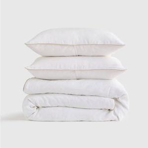 Quince | European Linen Piped Duvet Cover Set in White/Toffee, Size King