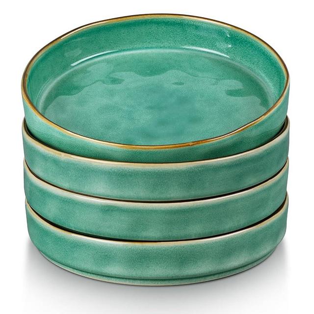 LIANYU 33oz Pasta Bowls, 8.25’’ Wide Shallow Salad Plates Set of 4, Stoneware Ceramic Dinner Serving Bowls for Cereal, Fruit, Soup, Microwave & Dishwasher Safe, Emerald Green