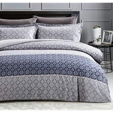 SLEEPBELLA Boho Duvet Cover Queen Cotton, Gray Bohemian Comforter Cover Set Morocco Persian Navy Blue Seamless Bedding Button Closure 3pcs