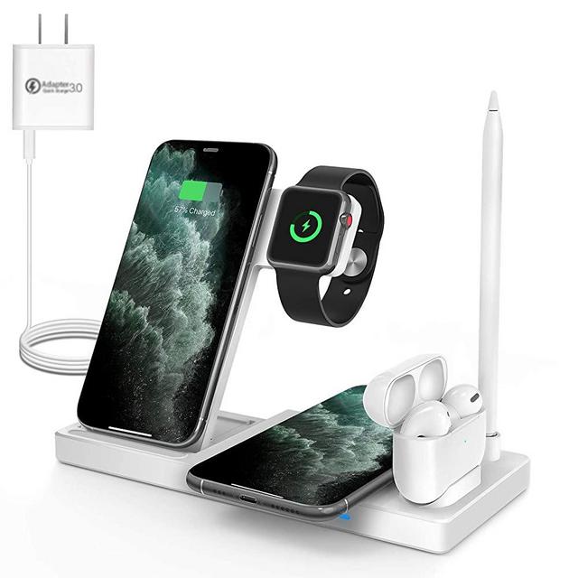 WAITIEE Wireless Charger 5 in 1 Wireless Charging Station for iWatch SE/6/5/4/3/2/1,AirPods3/2/1, Pencil,Fast Charger Dock for iPhone 12/Pro/11/11 Pro Max/XR/XS Max/Xs White(No iWatch Charging Cable)