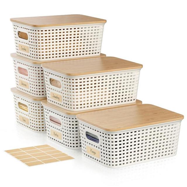 Viphope 5 Quart Plastic Storage Bin with Bamboo Lid, Stackable Decorative Storage Basket Box Containers with Label for Organizing shelves Closet Office Playroom Classroom, White 6 Pack