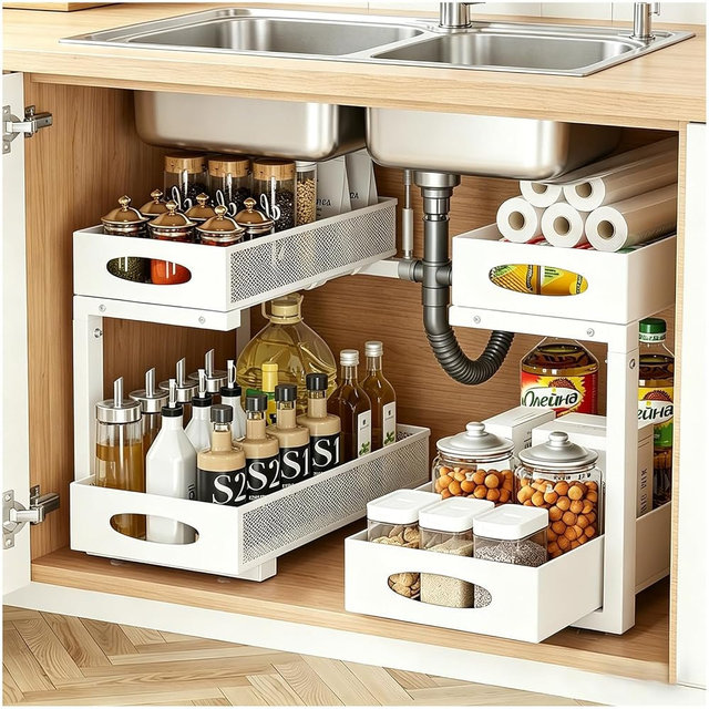 2 Pack Under Sink Organizer, 2-Tier Pull Out Kitchen Cabinet Organizer, Height Adjustable Metal Slide Out Bathroom Organizers and Storage Makeup Drawer Organizer for Office Bedroom(A-White, 2Pack)