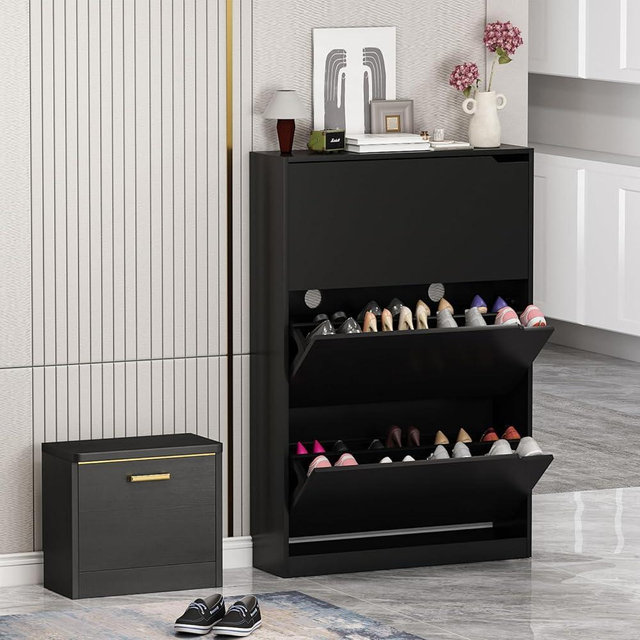 Boonatu Shoe Cabinet Storage for Entryway, Shoe Cabinet Storage with 3 Flip Drawers, Shoe Cabinet for Entryway Slim Space, 3 Tier Black Shoe Cabinet Freestanding Wood Shoe Rack for Entryway, Hallway