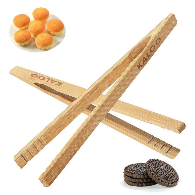 2PCS Reusable Toaster Tongs, Kaloo 8 inch Wooden Cooking Tong, Multipurpose Bamboo Tongs for Fruits, Bread, Pickles, cheese, Bacon, and Muffins