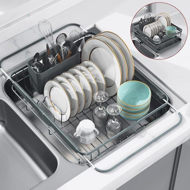 Sakugi Sink Drying Rack Expandable - Stainless Steel Dish Drying Rack with Drainboard Used on Kitchen Counter, Over Sink and in Sink, Gray