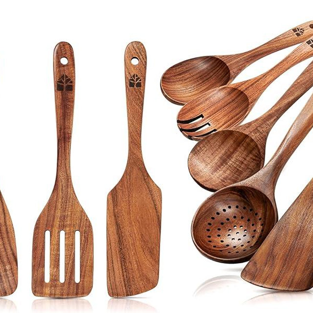 Wooden Spatulas & Wooden Spoons for Cooking – Comfortable Grip Non–Stick Wooden Cooking Utensils – Nonstick Natural and Healthy Kitchen Cookware